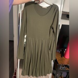 Olive Green Pleated A-Line Midi Dress